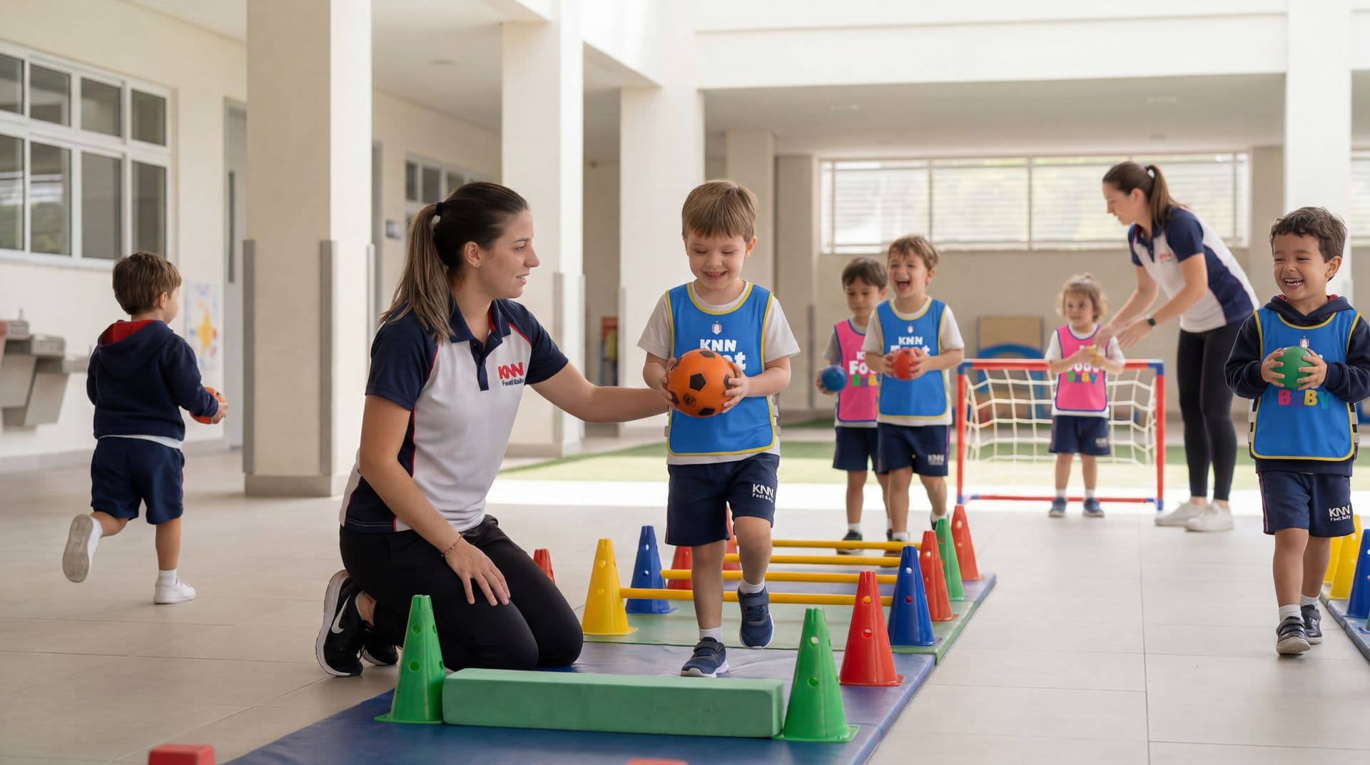 Crianças pequenas correndo e se divertindo nas atividades do KNN Footbaby